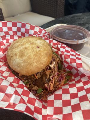 The Pretzel Monster (on a regular bun); also so delicious! With black beans on the side. This resultant is all vegan! Currently listed as veg options, but just wanted to clarify.   at Blatch's Backyard BBQ - temporarily closed in Salt Lake City