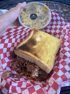 The Angry Texan with potato salad 😍 yummy kick of horseradish on the sandwich and overall delish!  at Blatch's Backyard BBQ - temporarily closed in Salt Lake City