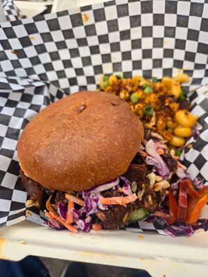 Brioche with Korean BBQ strips and mac n cheese at Blatch's Backyard BBQ - temporarily closed in Salt Lake City