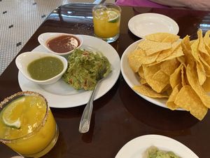 Mango margaritas, chips with guacamole and salsa at Verde Cocina in Portland