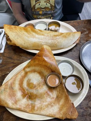 Mysore (in front) and gunpowder masala dosas   at Udupi Dosa in London