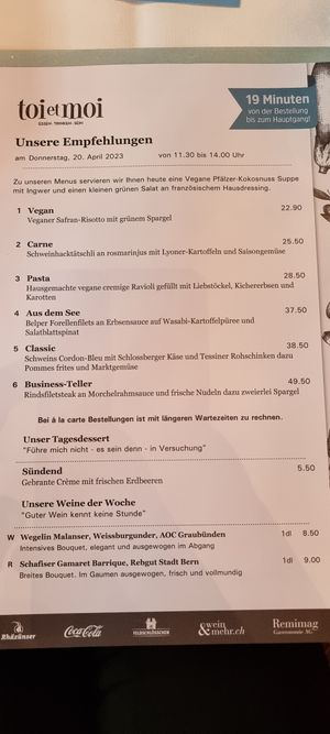 Vegan options (soup, salad optional vegan, risotto, pasta at Toi et Moi in Bern