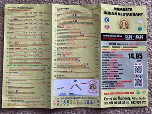 Takeaway menu at Namaste Indian in Mallorca