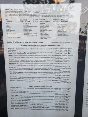 Pizza menu at Bobby G's Pizzeria in Berkeley