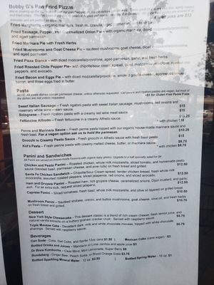 Fried pizza, pasta, and sandwich menu. Not sure which (other than Penne and Marina Sauce) are/can be vegan at Bobby G's Pizzeria in Berkeley