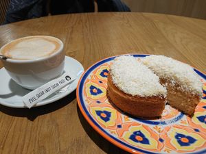 Dessert: Café Latte (with soy milk) and vegan mini cake at Emilie and the Cool Kids in Quimper