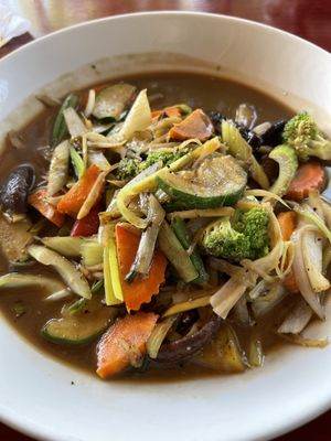 Mixed veggie dish with bean sauce- all vegan with no modifications  at Thai Blue Elephant in Roatan