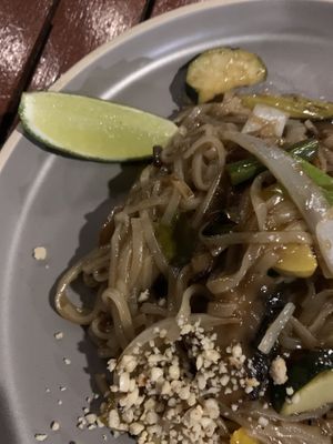 Vegan pad Thai. Tasted good but a lump of noodles and over cooked veggies really  at Thai Blue Elephant in Roatan