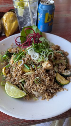Huge portion of vegan fried rice at Thai Blue Elephant in Roatan