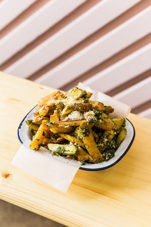 Pesto cashew-cheeze fries at Burger Frank in Camden