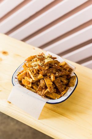 Spiced cashew-cheeze fries at Burger Frank in Camden