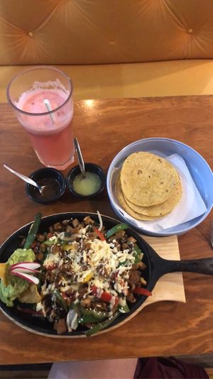 I think this was the alambre with soy, very delicious! The vegan cheese is very tasty! Also had the sandia-limon lemonade 👌🏼  at Taco City Cafe - Maybe closed in Playa Del Carmen