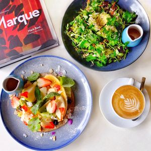Pancakes and harvest bowl at Ingredient Tree in Wembley