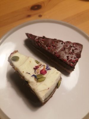Raspberry chocolate torte and carrot cake at Vintro Lounge in Blackpool