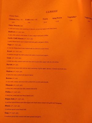 Menu - curries 1 at Kadir's Indian in Portsmouth