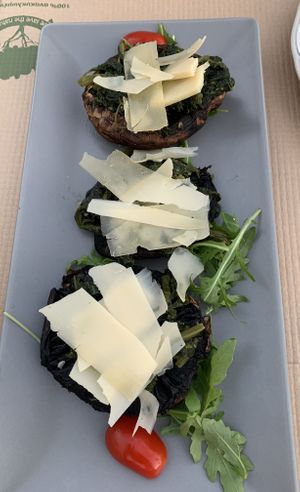 Stuffed portobello mushrooms with vegan cheese   at San Marco in Zakynthos