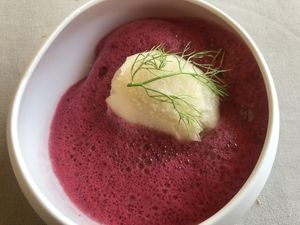 Fennel ice cream with beet foam and sesame  at SEPIA in Groningen