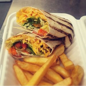 Cheese salad wrap and chips at Nosh in Leeds