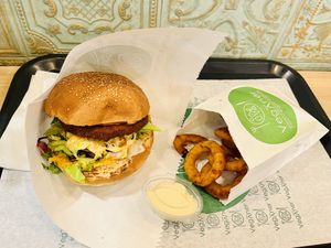 Burger and onion rings  at Veganer  in Sarajevo