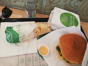 Amarillo burger, pepper mayo wrap and sweet potato fries at Veganer  in Sarajevo