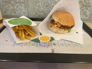 Amarillo burger and fries   at Veganer  in Sarajevo