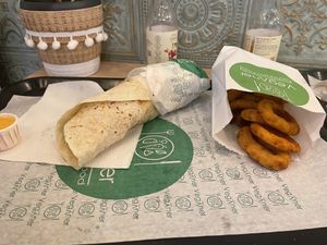Wrap and onion rings  at Veganer  in Sarajevo