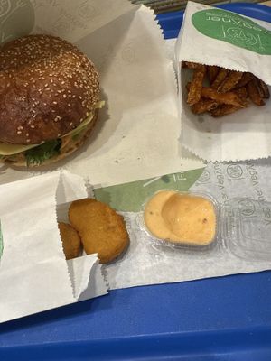 cheeseburger, nuggets, and sweet potato fries   at Veganer  in Sarajevo