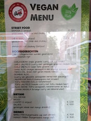 Lots of vegan options (this menu is displayed on their window) at Spices in Groningen