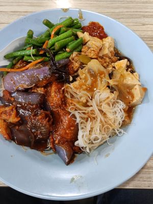 Fried Beehoon with brinjal, long beans and braised tofu - $2.50 at Jin Hong Vegetarian 金红素食 - Bugis in Central Singapore