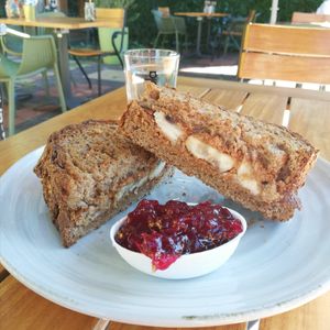 Grilled sandwich - peanutbutter and banana with red onion dip at Het Oude Politiebureau in Groningen