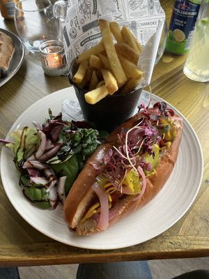 Vegan hot dog and fries  at Cù Mara in Arrochar