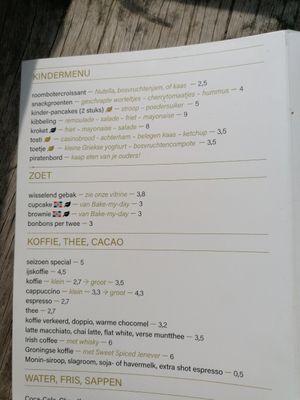 Menu at Zondag in Groningen