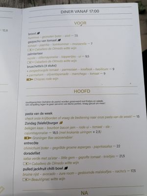 Menu at Zondag in Groningen