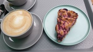 Cherry Pie and oat milk cappuccino at P-Cafe in Gottingen