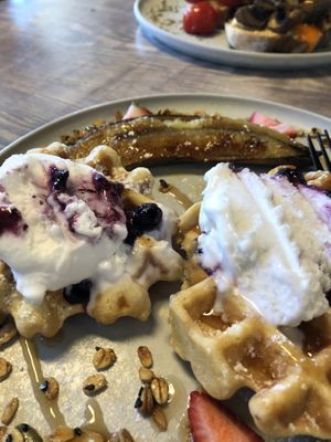 Vegan waffles with grilled banana and coconut icecream   at Little Nolla Cafe in Nollamara