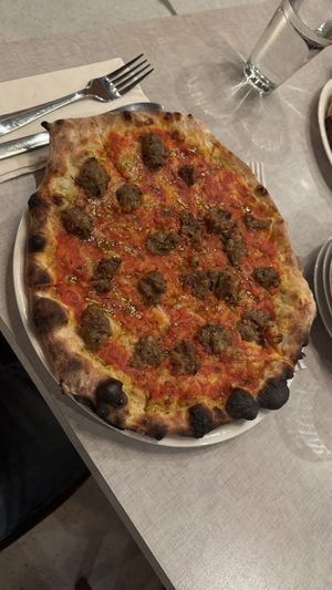 Meatball pizza (vegan)  at Stoked Pizza Co in Cambridge