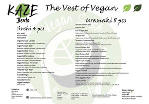 Vegan Menu as of 20/8/21 at Kaze Bento in Mount Lawley