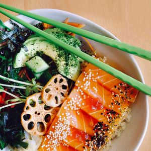 Vegan salmon Chirashi Don bowl at Kaze Bento in Mount Lawley