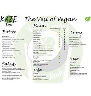 Vegan menu page 1 at Kaze Bento in Mount Lawley