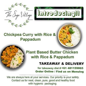 Plant based butter chicken with rice and pappadum  at The Sage Village in Campbelltown