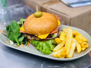 Vegan chick’n’ burger with fries  at The Sage Village in Campbelltown