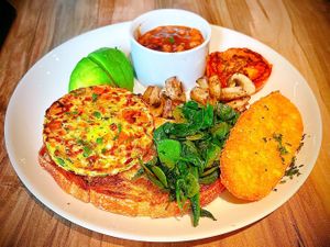 Big Breakfast - Avocado 🥑, Baked Beans, Wilted Spinach, Hash Brown, Grilled Tomato, Mushrooms Served with Vegetable Pattie on a Toasted Sourdough  at The Sage Village in Campbelltown