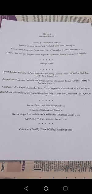 Our menu for the evening dinner at Hunter's Hotel in Rathnew