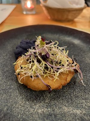 Cotoletta di sedano rapa e purè  di  patate viola   at Planet Catering in Jesolo