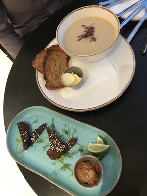 Cauliflower and tahini soup of the day with homemade buckwheat bread and teriyaki tempeh with satay sauce! at Holy Cow Lounge in Edinburgh