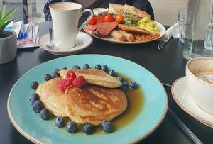 Vegan Breakfast traditional and pancakes at Holy Cow Lounge in Edinburgh