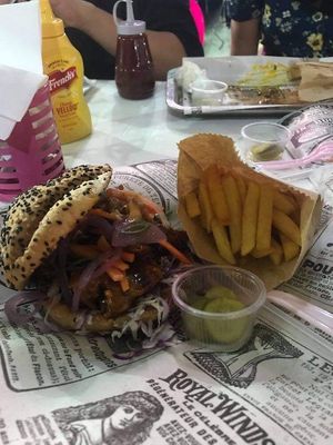 Vegan pulled pork burger with fries  at PINK BOX - Ruam Chok in Chiang Mai