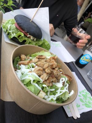 vegan burger, vegan ceasar salad   at Magdalena Food & Fun in Postojna