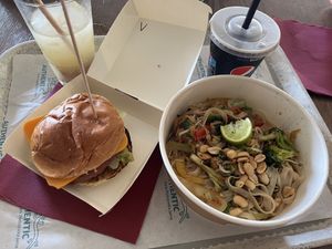 Vegan burger and rice noodle’s   at Magdalena Food & Fun in Postojna
