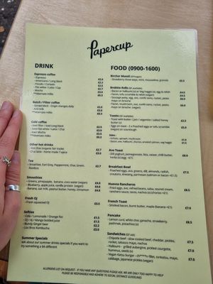 Menu - August 2021 at Papercup Coffee Company in Glasgow